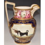 A 19thC English porcelain pedestal jug with two hand decorated cartouches of a hunting dog with