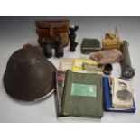 Small collection of militaria including spark proof torch, signalling lamp, first aid kit,