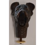 19thC carved dog walking stick or cane finial, with glass eyes and spring loaded opening mouth