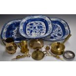 Three blue and white meat platters, decorative brassware etc, largest 47 x 36cm