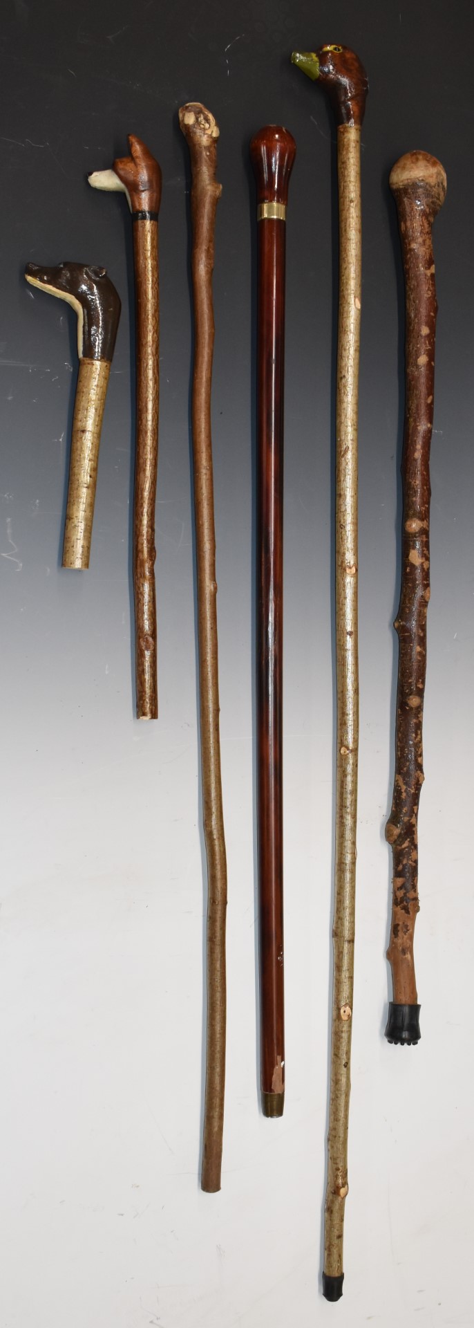 Six shooting and walking stick and walking stick handles, two with finials carved in the form of