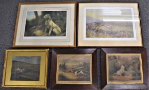 Hunting and similar interest pictures comprising watercolour of a hunt on the move, 24 x 29cm,