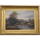 C Bates Victorian oil on canvas highland river with fisherman in the river and sheep grazing beyond,