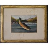 A. Roland Knight watercolour of a leaping fish caught on a line, with river landscape beyond, signed