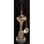 19th or early 20thC cut glass oil lamp, converted for electric with bayonet fitting to burner,