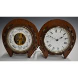 19th or early 20thC desk clock and barometer with horseshoe surrounds, W26cm