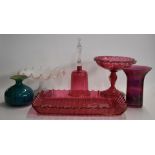 Cranberry glass tray, tazza, tray, bell, frilled glass tazza and a Mdina vase, largest 30cm tall.