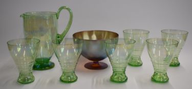 Art Deco iridescent green glass lemonade set comprising jug and six glasses together with a WMF