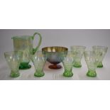 Art Deco iridescent green glass lemonade set comprising jug and six glasses together with a WMF