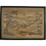 19thC Chinese watercolour on silk of a procession of grasshoppers, insects and frogs, 52 x 77cm