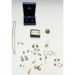 A silver curb link necklace, earrings, Swarovski earrings, 9ct gold earrings (3.2g), etc