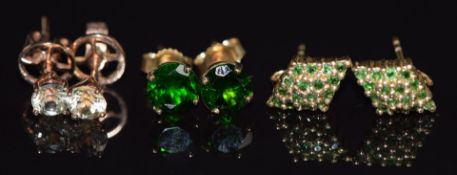 Three pairs of 9ct gold earrings, one pair set with diopside, one with tsavorite garnet and the