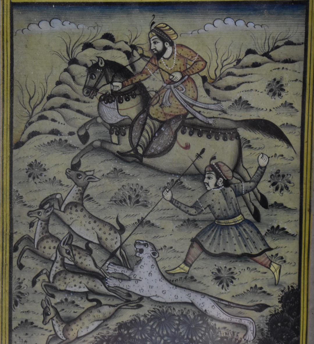 Three Persian watercolours comprising court scenes, lovers embracing and a hunting scene, largest 24 - Image 9 of 19