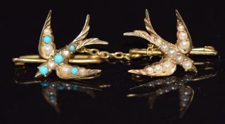 Two Victorian 15ct gold swallow brooches, one set with seed pearls, the other with turquoise and
