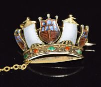 Victorian coronet brooch set with enamel by Emanuel and Son Portsea, 4.4g