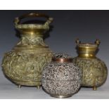 Three brass / silver plated vessels, with relief decoration, tallest 26cm