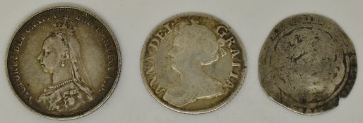 Queen Anne 1711 sixpence, Victorian Jubilee shilling and an Edward hammered silver penny