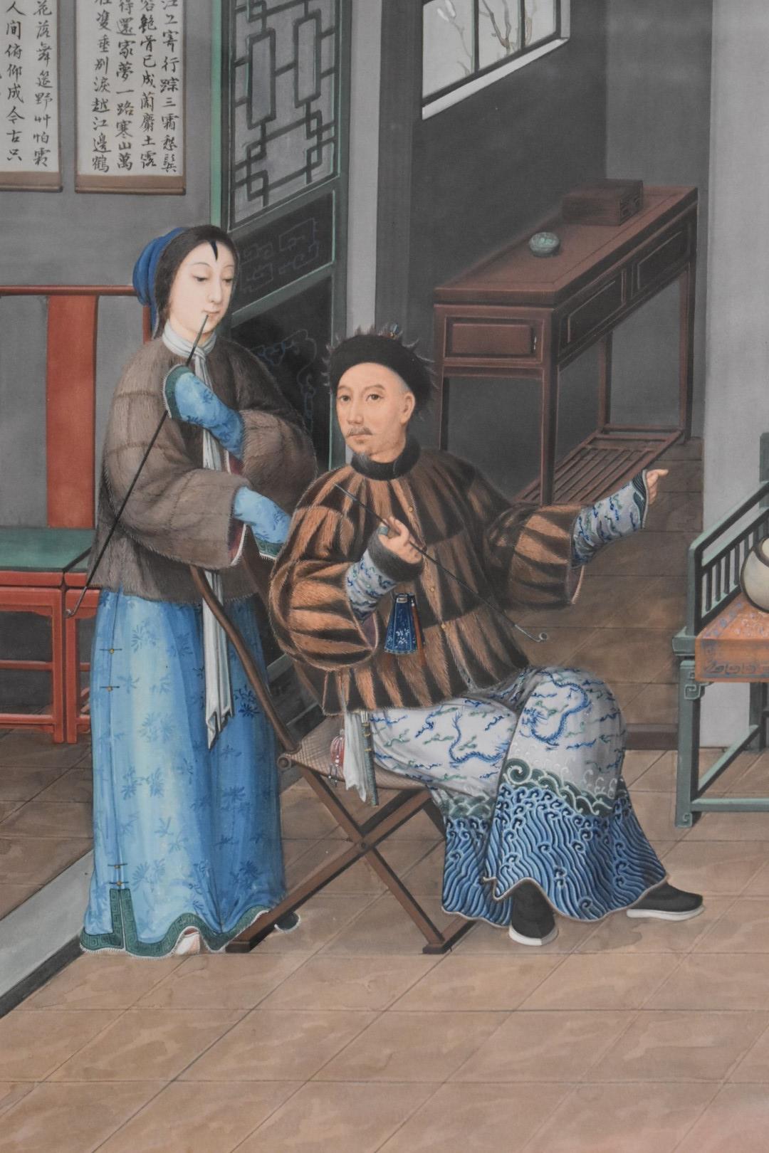 Large 19th/20thC Chinese watercolour of a couple with opium pipes, entitled verso 'A retired - Image 6 of 10