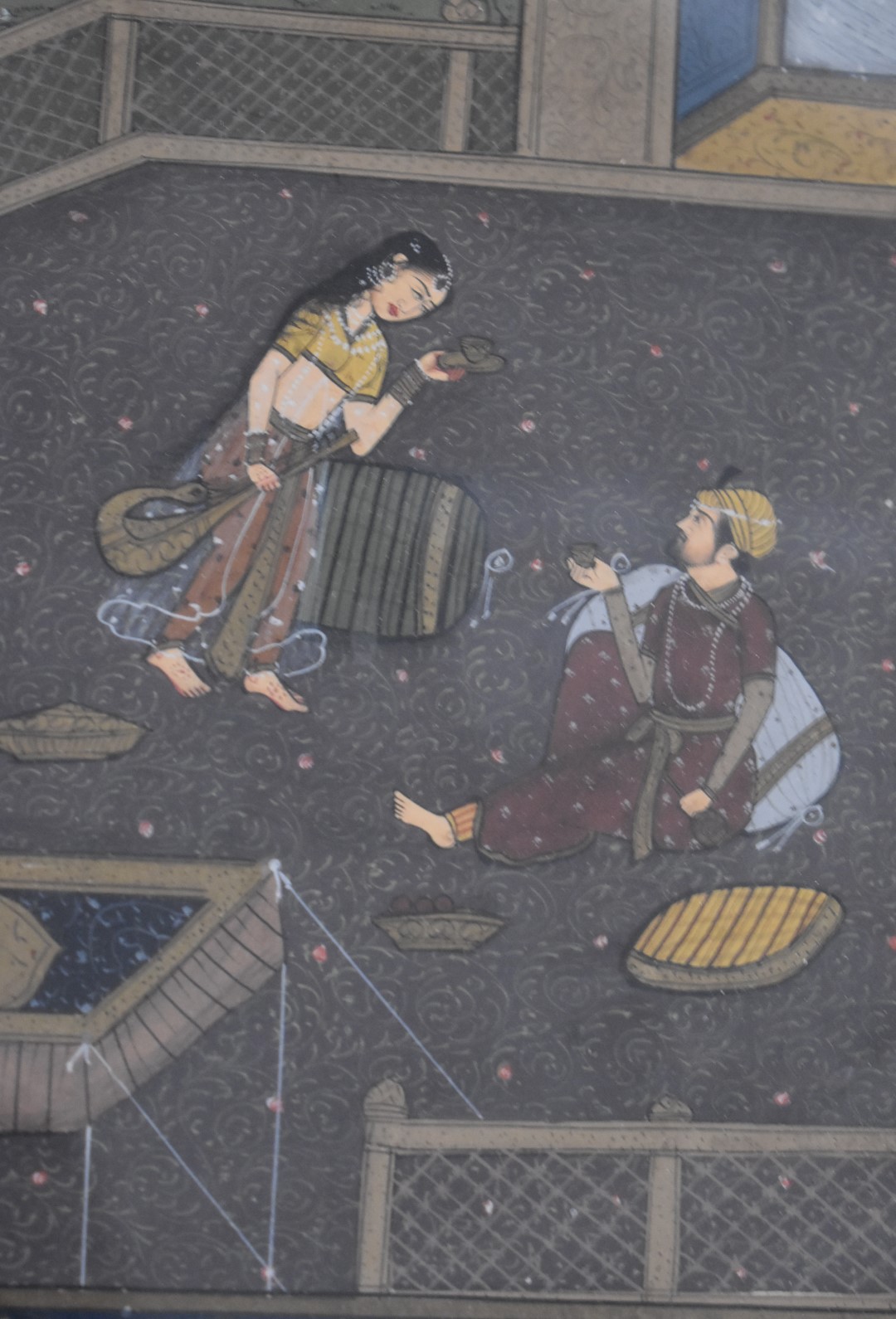 Two Persian watercolours comprising a female musician serenading a seated man and a couple in a - Image 10 of 17