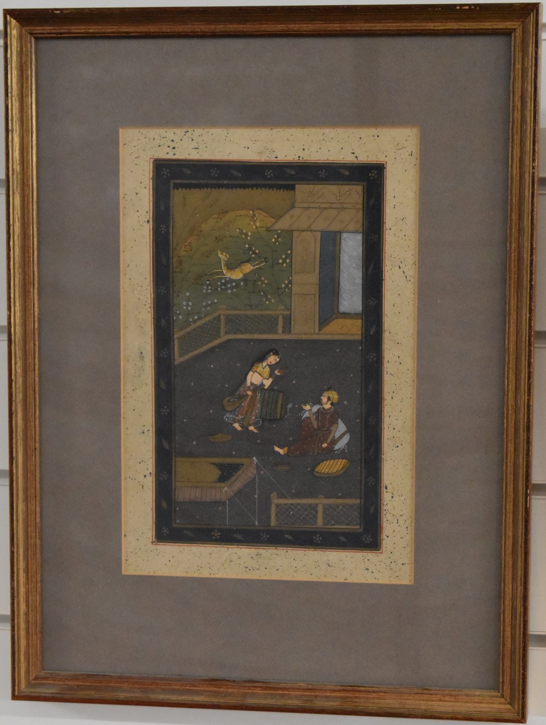 Two Persian watercolours comprising a female musician serenading a seated man and a couple in a - Image 4 of 17