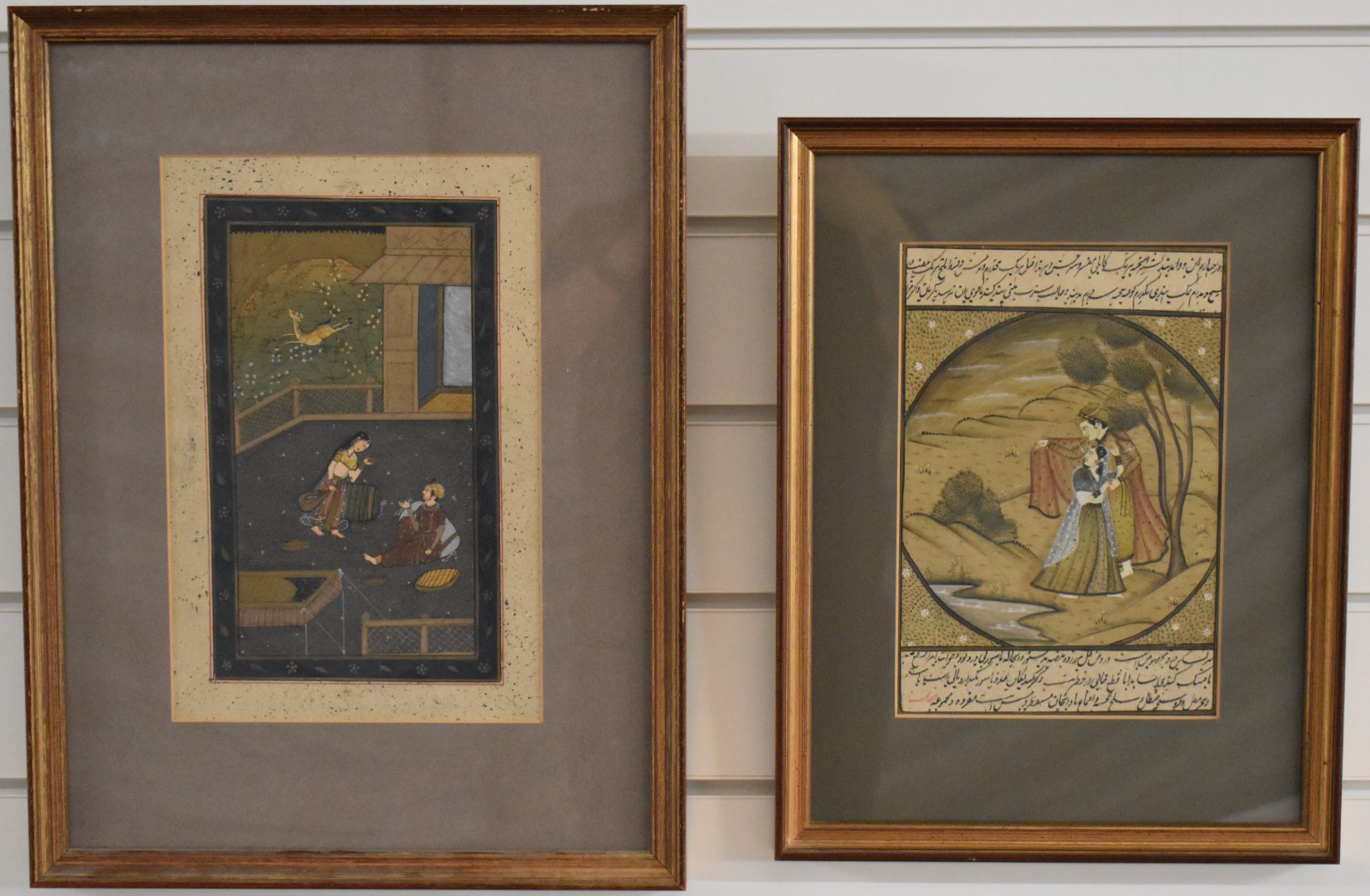 Two Persian watercolours comprising a female musician serenading a seated man and a couple in a - Image 2 of 17