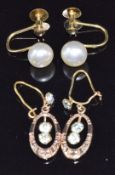 Two pairs of 9ct gold earrings, one set with paste and the other faux pearl, 3.2g