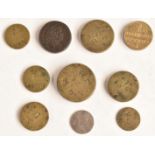 A collection of ten coin weights including 1746 Portugese 'piece of 36 shillings', a guinea