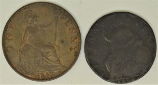 William and Mary 1692 halfpenny and an 1895 Victorian 'veiled head' penny, EF