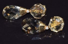 A pair of 18ct gold earrings set with briolette cut quartz, 15g