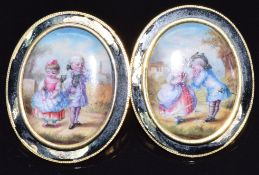 A pair of French 18ct gold buttons set with ceramic painted miniatures, with mother-of-pearl backs