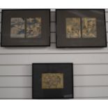 Five Japanese prints including including warriors in combat, in three frames, largest 18 x 13cm