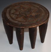 Nupe African tribal stool with carved geometric decoration (Nigeria), H27, diameter 41cm