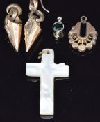 Victorian charms/ earrings, split pearls and a mother of pearl cross