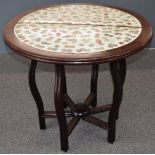 Chinese two part porcelain and hardwood table with removeable top and fold-out base, H70 x D82cm