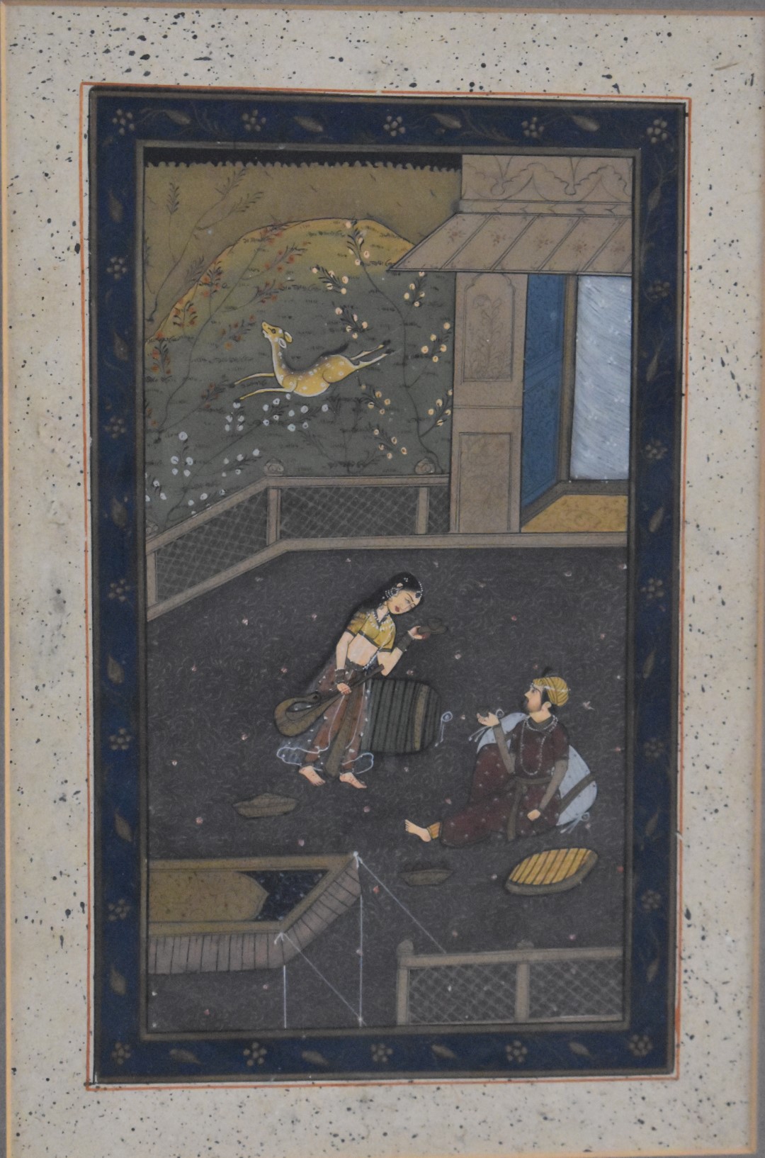 Two Persian watercolours comprising a female musician serenading a seated man and a couple in a - Image 8 of 17