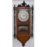 Late 19thC American wall clock with marquetry inlaid case, painted Roman dial and two train