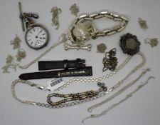 A collection of silver jewellery including bracelet, necklace, chains, bull dog fob chain and