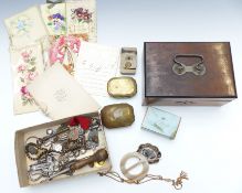 A collection of jewellery and bijouterie including mourning brooch, snuff boxes, pocket watch