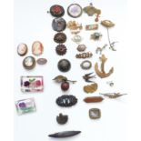 A collection of brooches including lucite, Victorian agate, cameos, saphirite brooch, etc