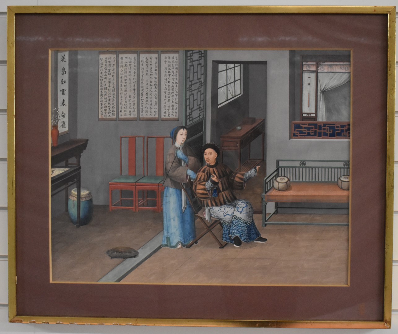 Large 19th/20thC Chinese watercolour of a couple with opium pipes, entitled verso 'A retired