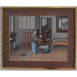 Large 19th/20thC Chinese watercolour of a couple with opium pipes, entitled verso 'A retired