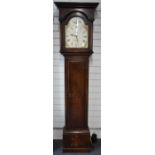 Georgian 8 day longcase clock with R Matthews Oswestry to painted Roman dial, oak case with plain
