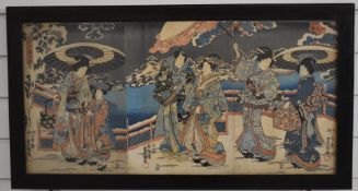 Japanese Meiji period triptych woodblock print of ladies with parasols promenading, 36 x 73cm