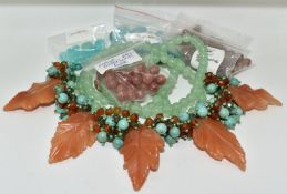 A beaded turquoise and carnelian agate necklace with carved leaves, chalcedony agate, watermelon