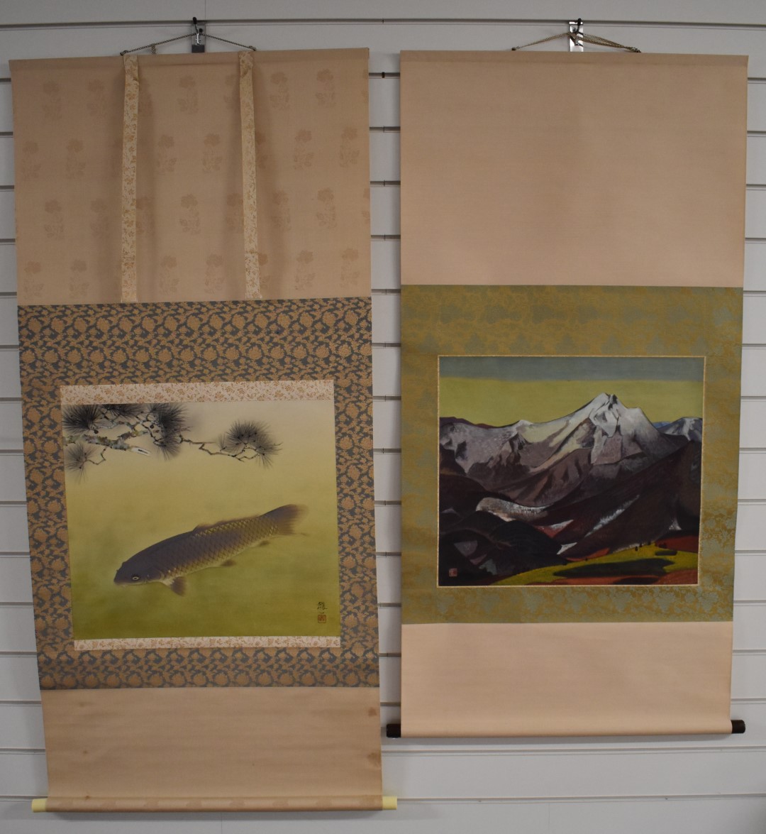 Two Japanese scroll paintings, one of a carp the other abstract landscape, 45 x 52cm and 44 x 51cm
