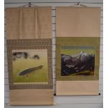 Two Japanese scroll paintings, one of a carp the other abstract landscape, 45 x 52cm and 44 x 51cm