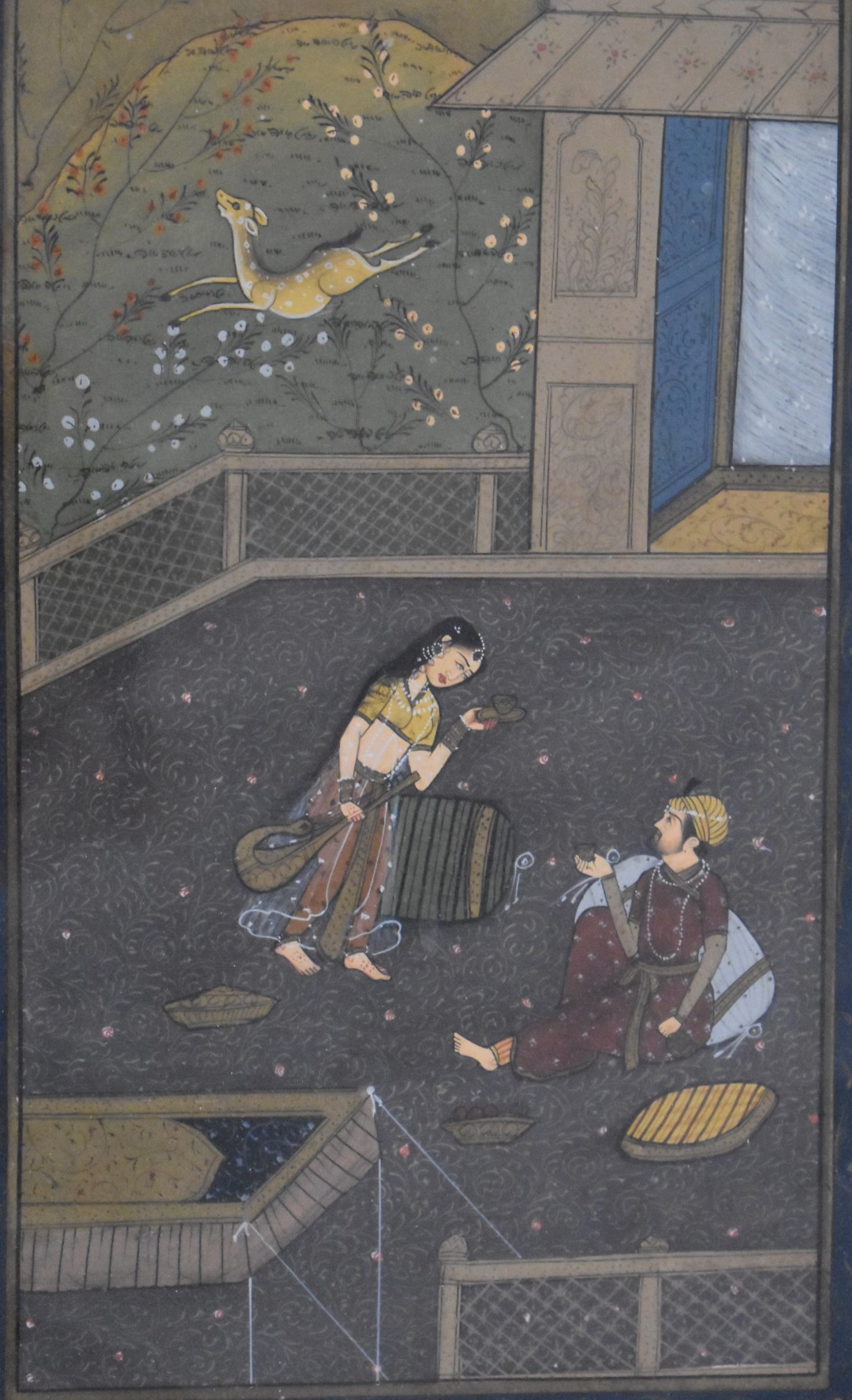 Two Persian watercolours comprising a female musician serenading a seated man and a couple in a - Image 9 of 17