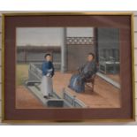 Large 19th/20thC Chinese watercolour of a seated high ranking official on a raised terrace talking