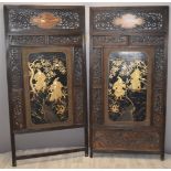 Japanese late 19th/20thC wooden fretwork Shibayoma bifold screen decorated with warriors/Samurai,