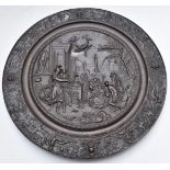 19th or early 20thC cast iron plaque with classical scene to centre and smaller titled scenes to